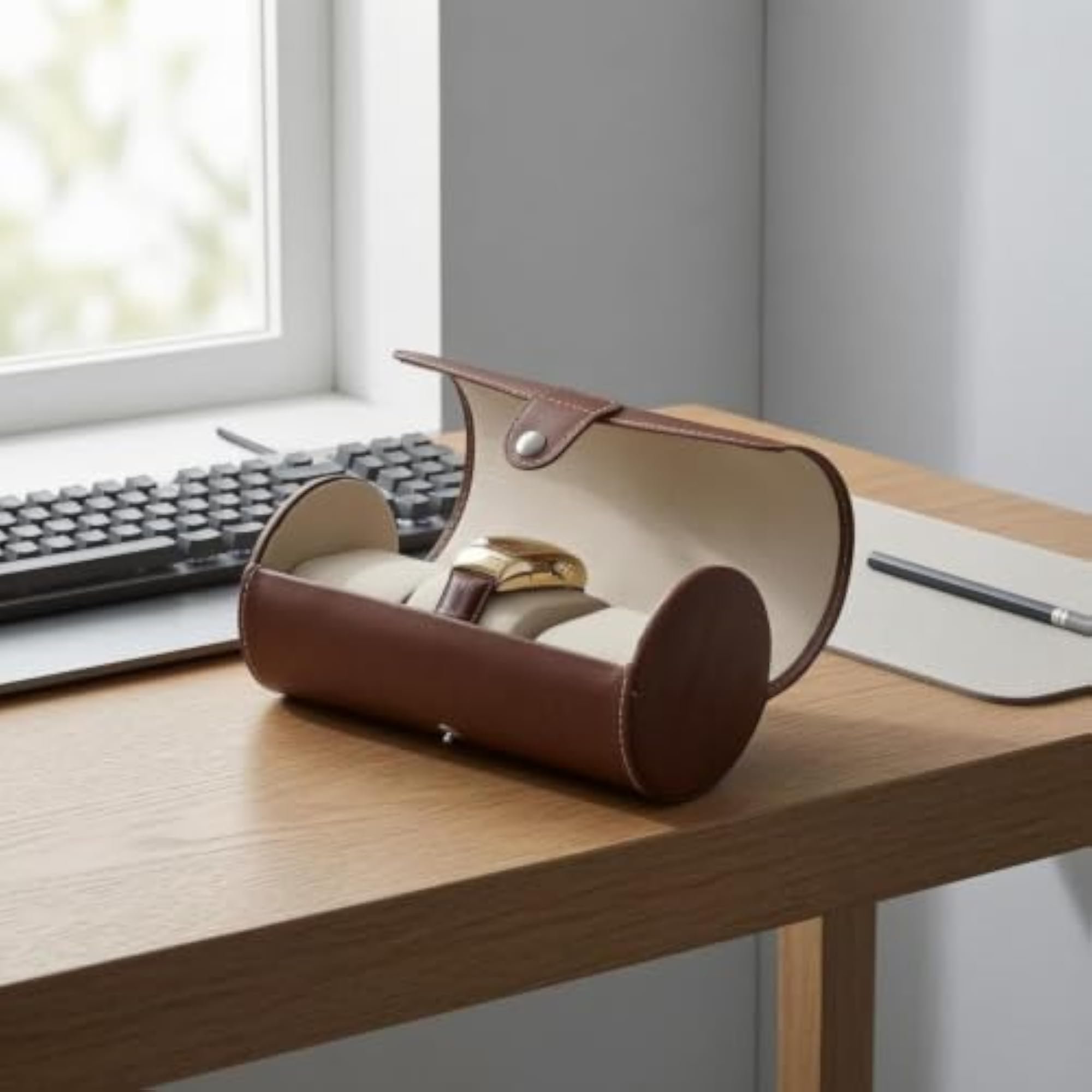 Three-Slot Cylindrical Watch Box, PU Leather